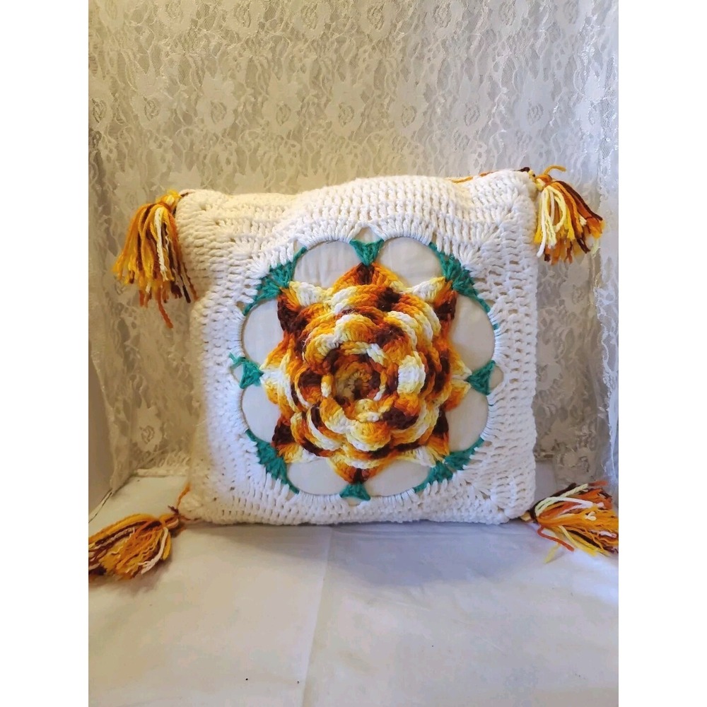 Vintage Crocheted Handmade Couch/Bed Pillow With Tassels‎